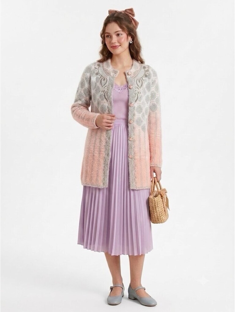 Vintage Mukat Peach Fuzzy Floral Embroidered Long Cardigan Sweater Duster Coat